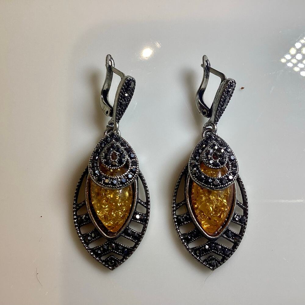 Amber Toned Stone and Dark Crystals Drop Earrings - Picture 5 of 8